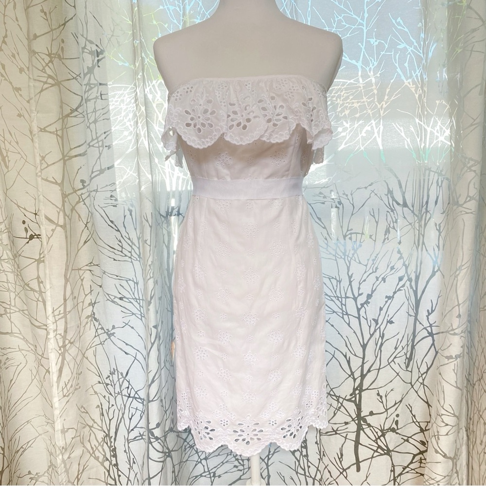 MILLY all white cotton strapless ruffle eyelet lace waist belt fitted dress